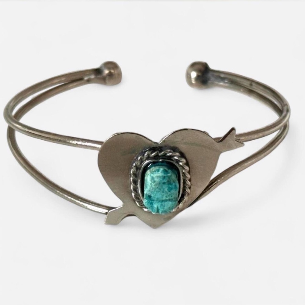 Vintage Heart Cuff Bracelet with Turquoise Stone